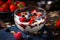 irresistible combination of creamy yogurt adorned with colorful assortment of fresh berries and crunchy nuts, all served