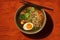 Irresistible Fresh and Hot Ramen Soup on Red Background Top-Down Shot