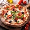 Irresistible homemade pizza featuring tomatoes, mozzarella, olives, and fragrant basil