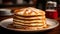 Irresistible Indulgence: A Close-up Glimpse of a Sumptuous Stack of Fluffy Pancakes Drizzled with Golden Honey - AI Generative