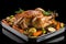 Irresistible roast goose sizzling to perfection in a seasoned pan, ready to tantalize taste buds
