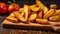 Irresistible Roasted Potato Wedges on a Rustic Wooden Board. Generative AI