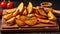 Irresistible Roasted Potato Wedges on a Rustic Wooden Board. Generative AI