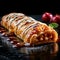 Irresistible treat Apple strudel on dark background with text space