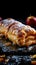 Irresistible treat Apple strudel on dark background with text space