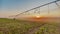 Irrigate agriculture. Machinery a irrigation farm field. Farmer field at sunset watering plants business agricultural