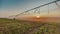 irrigate agriculture. machinery a irrigation farm field. farmer field at sunset watering plants business agricultural