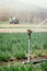 Irrigation plant system on a field, agriculture. Tractor in the blurry background