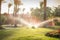 Irrigation of plants in the tropical park of the hotel complex. Watering system for lawn grass, palm trees and flowers in the