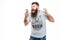Irritated angry man with beard holding smartphone and shouting