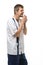 Irritated doctor yelling into stethoscope head isolated on white background