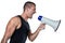 Irritated male trainer yelling through megaphone