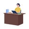 Irritated principal sitting at desk semi flat color vector character