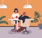 Irritated young mother drinking tea with bored son sitting at table in cafe vector flat illustration. Annoyed woman