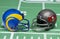 IRVINE, CALIFORNIA - 18 JAN 2022: Helmets for the Los Angeles Rams and Tampa Bay Buccaneers, opponents in the Divisional Round of