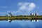 IRVINE, CALIFORNIA - 20 OCT 2021: High-rise buildings reflect in on of the pools at the San Joaquin Marsh and Wildlife Sanctuary