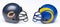 IRVINE, CALIFORNIA - 24 JUNE 2021: Football helmets of the Chicago Bears and Los Angeles Rams, Week 1 opponents in the NFL 2021