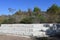 IRVINE, CALIFORNIA - 27 OCT 2021: Retaining wall and bench in the Bosque area of the Great Park, made from pieces of salvaged