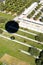 IRVINE, CALIFORNIA - 31 JAN 2020: Aerial view of the Palm Court with baloon ride shadow at the Orange County Great Park