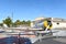 IRVINE, CALIFORNIA 31 JAN 2020: An SNJ-5 Texan WWII era plane on display in front of the hangar and Palm Court at the Orange