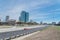 Irving, Texas skyline view from John Carpenter Freeway blue sky