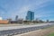 Irving, Texas skyline view from John Carpenter Freeway blue sky