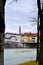 Isar river and bridge that leads to old town Bad Tolz, Bavaria, Germany.