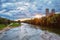 Isar river, park and St Maximilian church from Reichenbach Bridge. Munchen, Bavaria, Germany.