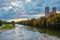 Isar river, park and St Maximilian church from Reichenbach Bridge. Munchen, Bavaria, Germany.