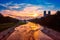 Isar river, park and St Maximilian church from Reichenbach Bridge. Munchen, Bavaria, Germany.