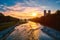 Isar river, park and St Maximilian church from Reichenbach Bridge. Munchen, Bavaria, Germany.