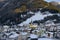 Ischgl in nightfall, view from hill top. Evening in small town in Tyrol Alps