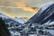 Ischgl in nightfall, view from hill top. Evening in small town in Tyrol Alps