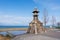 Ishiba tsu night light monument, on the shore of Lake Biwa. Otsu, Shiga Prefecture, Japan.