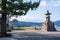 Ishiba tsu night light monument, on the shore of Lake Biwa. Otsu, Shiga Prefecture, Japan.