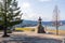 Ishiba tsu night light monument, on the shore of Lake Biwa. Otsu, Shiga Prefecture, Japan.