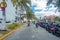 ISLA MUJERES - JANUARY 10, 2018: Outdoor view of some riders with some motorcycles parked in a row in the streets of the