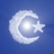 Islam crescent and star cloud sign with volume light on blue sky and sun. 3d illustration