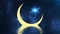 Islam crescent star in night sky, Ramadan. Moon and light star reflected in water of sea. Muslim religious holiday Mubarak.