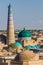 Islam Khoja Minaret and Pakhlavan Makhmoud Mausoleum in the old town of Khiva, Uzbekista
