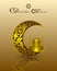 Islam Ramadan Kareem template with gold pattern for greeting card, invitation. Moon, a mosque, a traditional Muslim symbols.