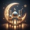 An islamic art with ramadan athmosphere, beautiful mosque and crescent moon, stars, reflection