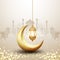 Islamic background with a combination of hanging gold lanterns and golden crescent moon. Fancy backgrounds for posters, banners,