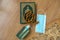 Islamic Concept : Flat lay of Quran and personal protection items, sanitizer and face mask