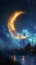 Islamic crescent shines brightly against night sky, creating magical atmosphere