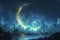 Islamic crescent shines brightly against night sky, creating magical atmosphere