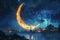 Islamic crescent shines brightly against night sky, creating magical atmosphere