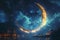 Islamic crescent shines brightly against night sky, creating magical atmosphere