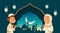 Islamic festival background with Muslim prayer beside paper graphic window and decoration