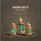 Islamic greetings ramadan kareem card design background with three gold lanterns
